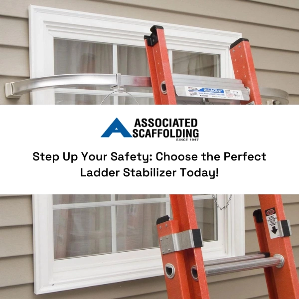 Choose the Perfect Ladder Stabilizer: ladder with ladder stabilizer, leaning on house. 