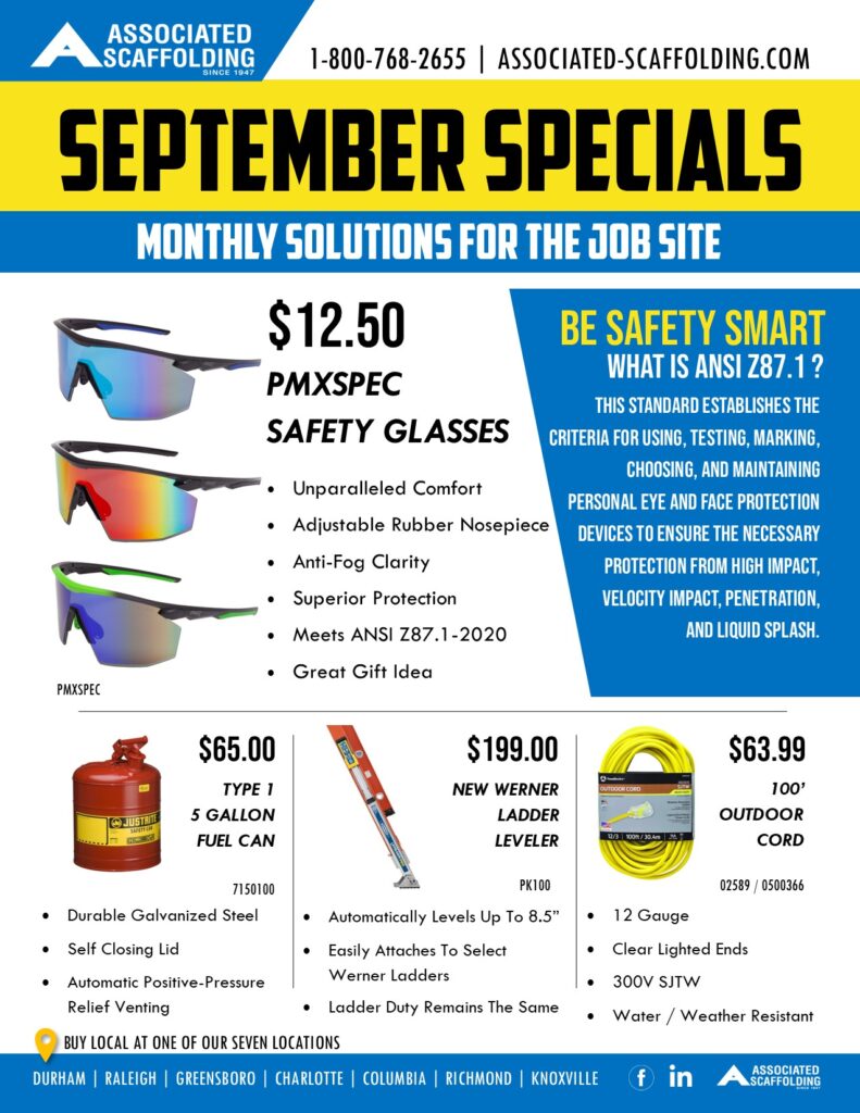 safety glasses, fuel can, ladder leveler, extension cord